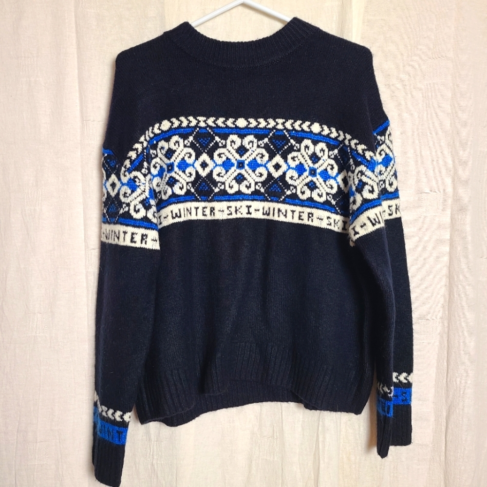 H&M Women's Jacquard Knit Black Blue Winter Ski Fair Isles Alpine Sweater